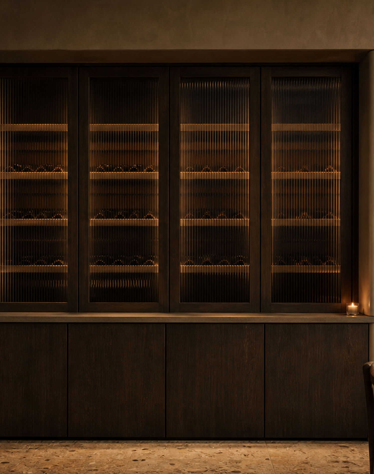 Fadior Estuary Wine Cabinet Suite with Ribbed Glass Service Bay — lifestyle setting with natural light and residential