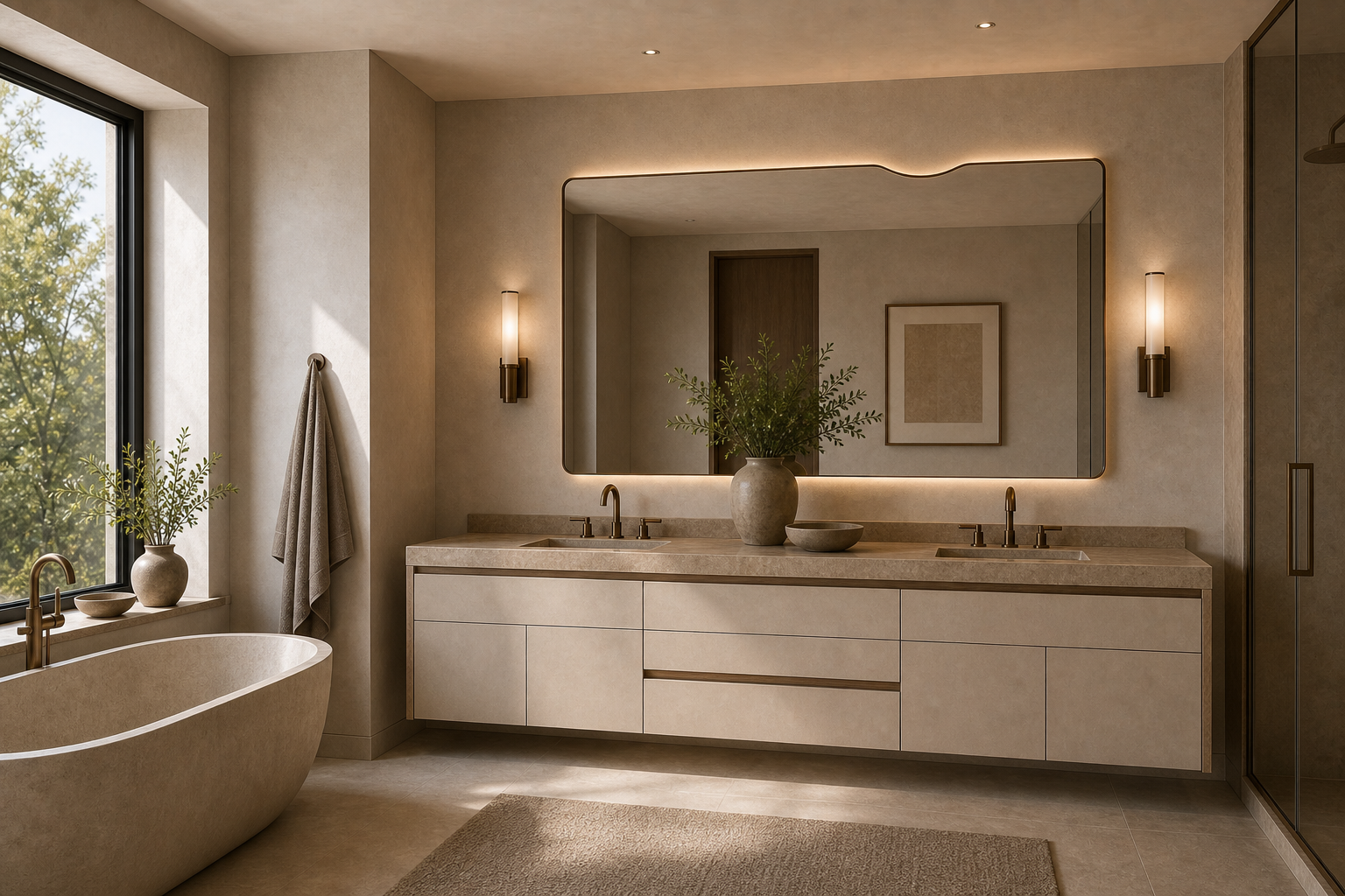Fadior Alcove Bath and Vanity Suite with Sculpted Mirror Ribbon — lifestyle setting with natural light and residential styling