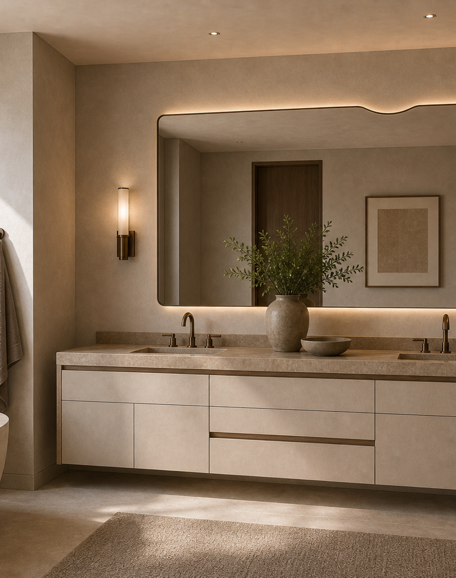 Fadior Alcove Bath and Vanity Suite with Sculpted Mirror Ribbon — lifestyle setting with natural light and residential styling