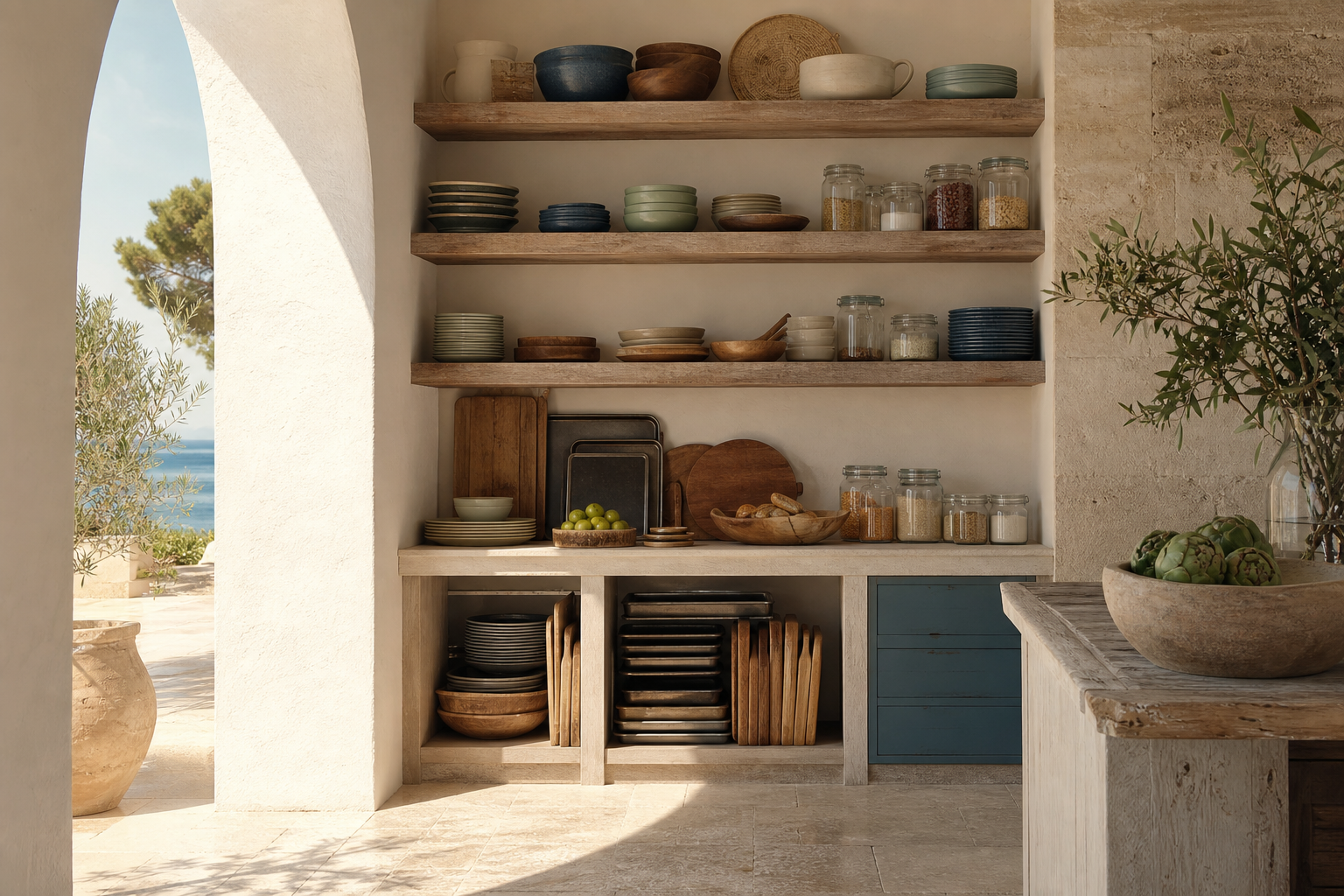 Pantry alcove with grouped bowls, trays, jars, and warm textured surfaces in hard daylight.