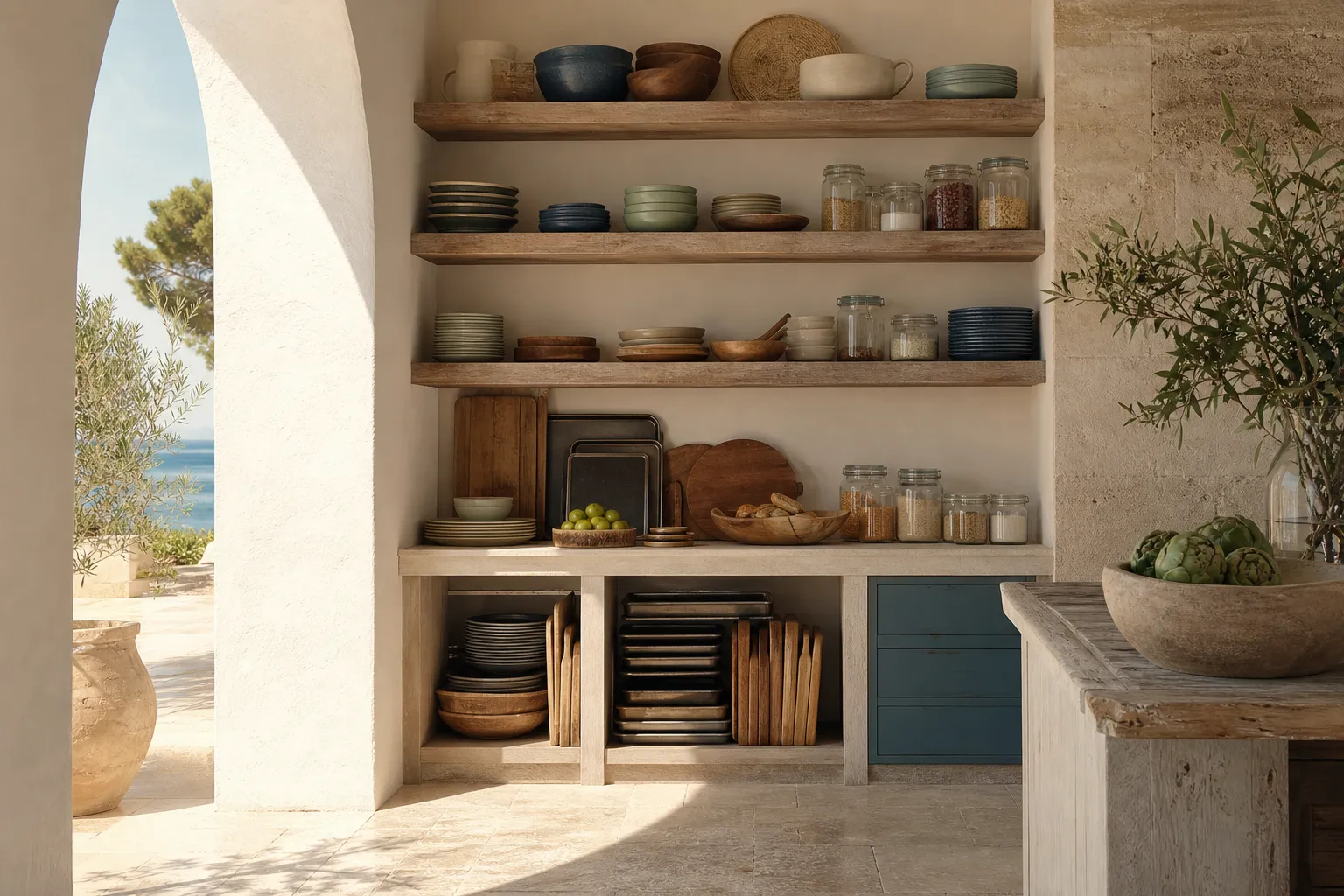 Pantry alcove with grouped bowls, trays, jars, and warm textured surfaces in hard daylight.