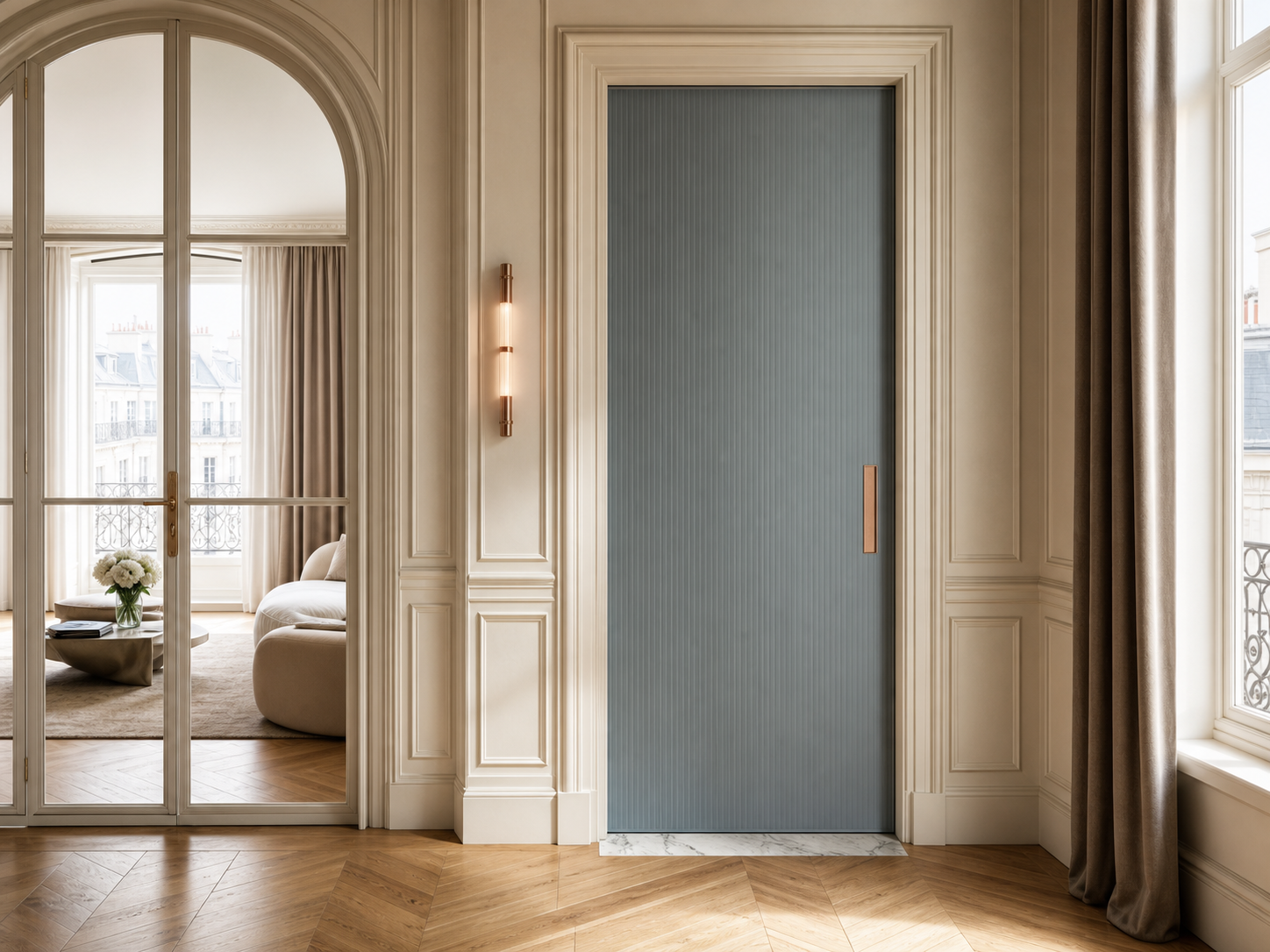 Fadior Silhouette Interior Door Suite with Reeded Slate Pocket Door — interior room context showing cabinet integration