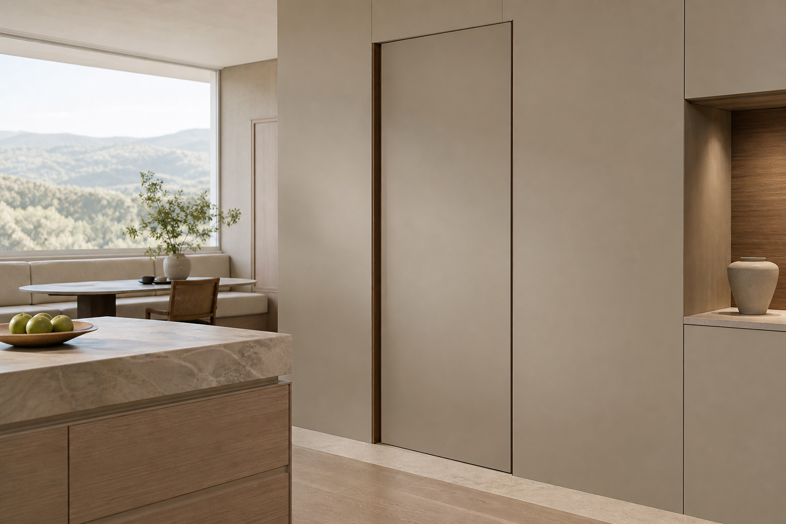 Fadior Alabaster Interior Door Suite with Flexible Passage Wall — close-up of stainless steel finish and hardware detail