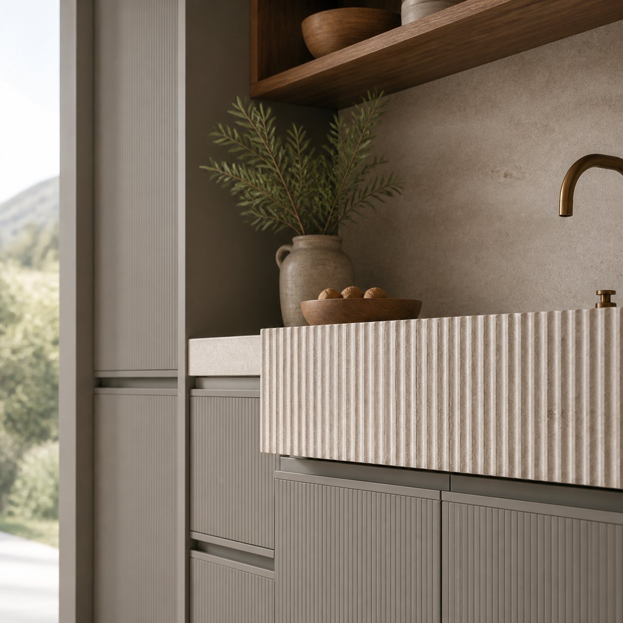 Fadior Meridian Kitchen Suite with Fluted Limestone Rinse Bar — close-up of stainless steel finish and hardware detail