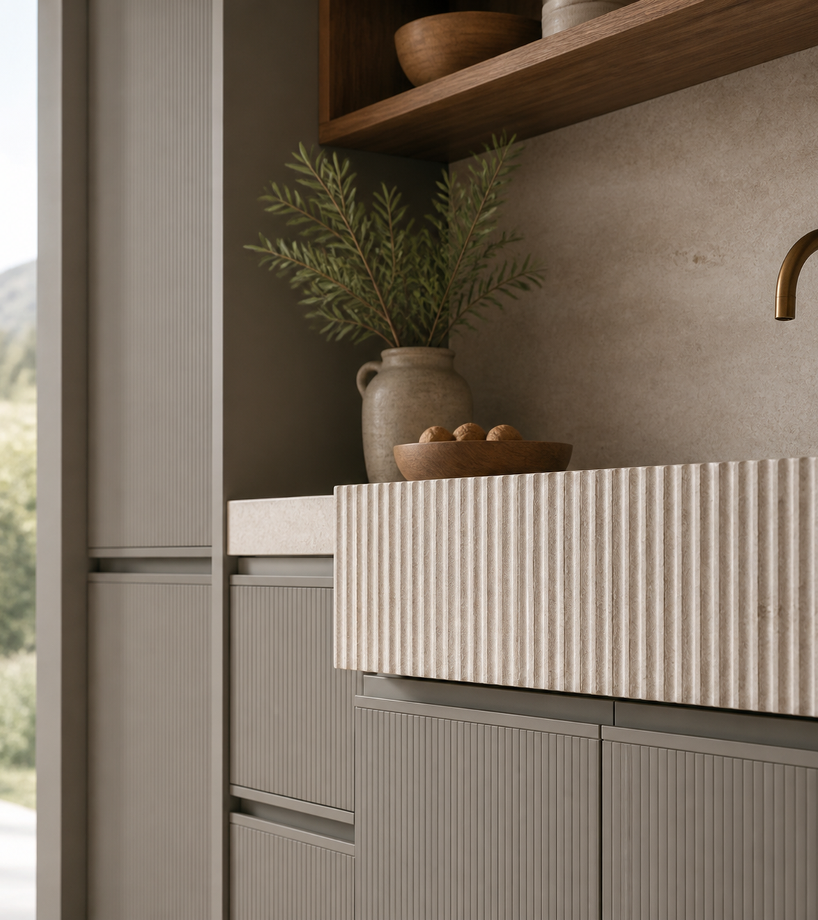Fadior Meridian Kitchen Suite with Fluted Limestone Rinse Bar — close-up of stainless steel finish and hardware detail
