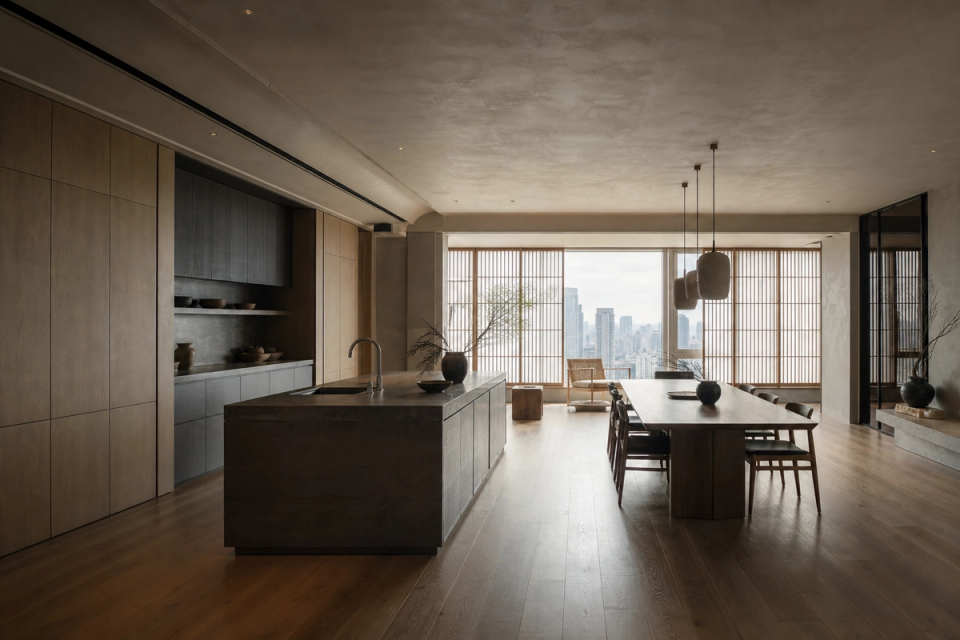 Fadior Shanghai 200 sqm Kitchen Penthouse — Shanghai penthouse kitchen with island, cabinet wall, dining table, wood lattice window, city view, and warm timber floor