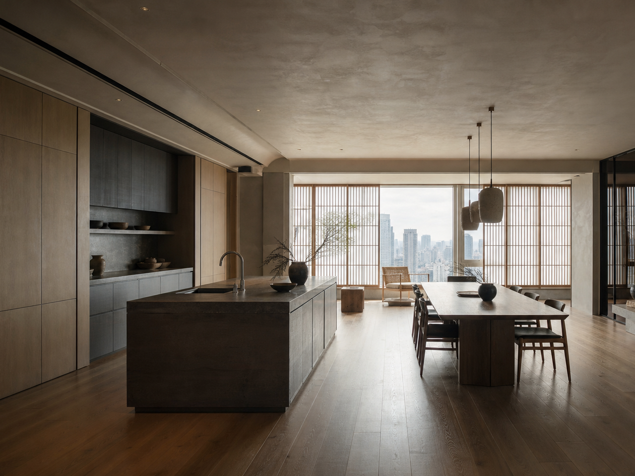 Fadior Shanghai 200 sqm Kitchen Penthouse — Shanghai penthouse kitchen with island, cabinet wall, dining table, wood lattice window, city view, and warm timber floor — 304 stainless steel cabinetry installation by Fadior