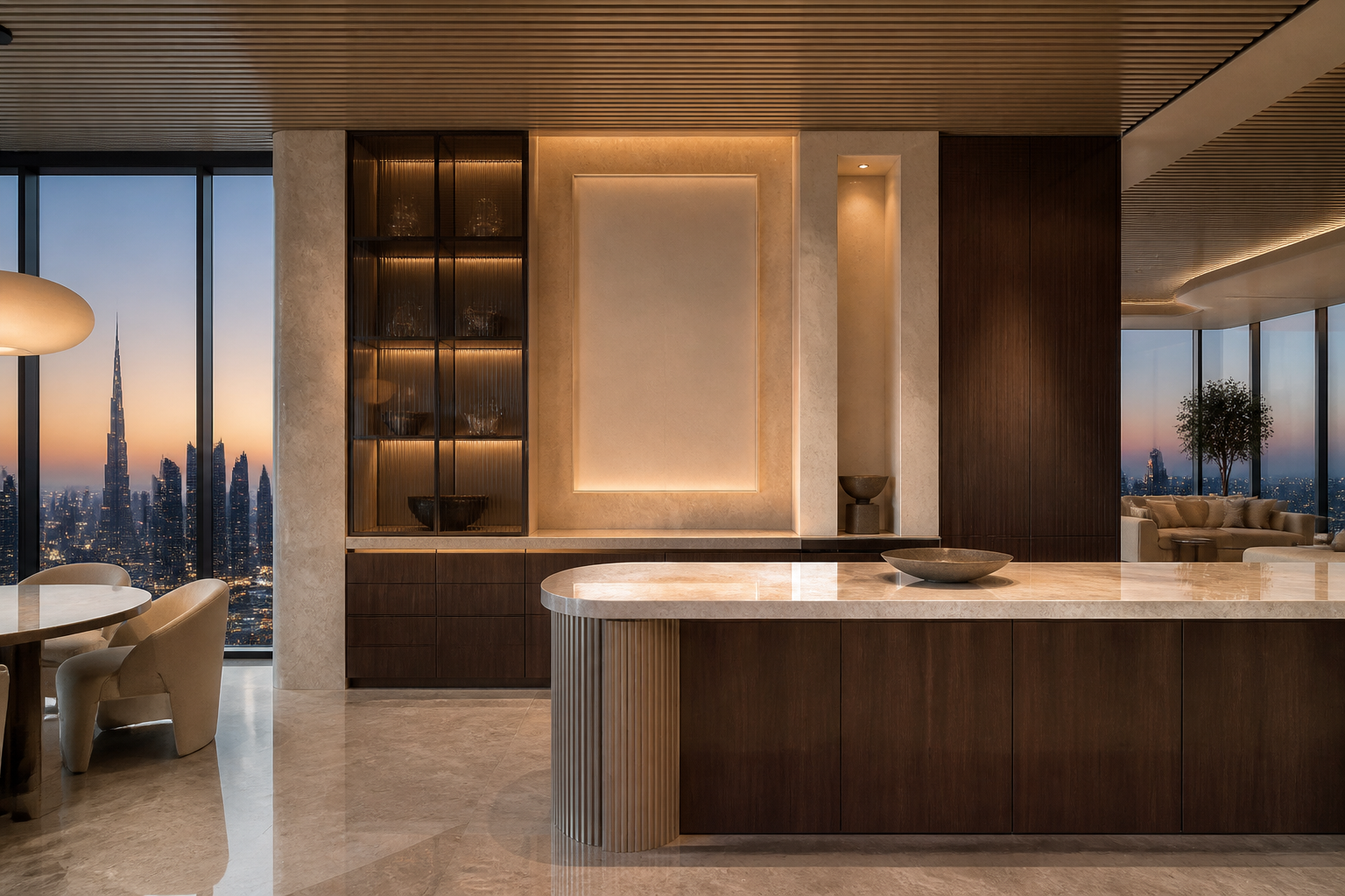 Fadior Dubai 120 sqm Kitchen Bath Penthouse — stone counter, walnut cabinet, glass shelf, island and skyline window