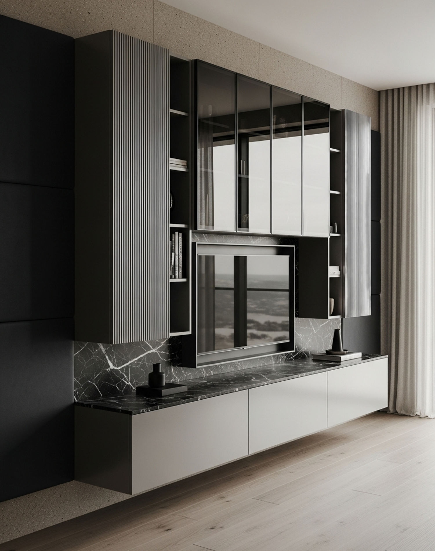 Fadior Essence Living Room Suite — interior room context showing cabinet integration