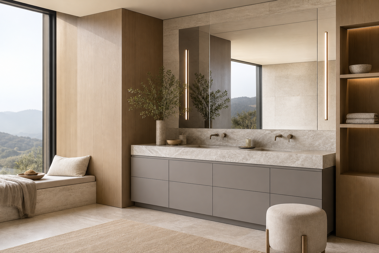 Fadior Solstice Bath and Vanity Suite with Quartzite Steam Basin Console — interior room context showing cabinet integration