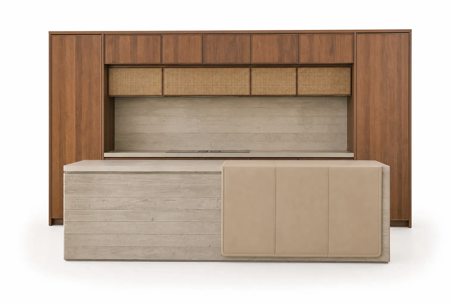 Fadior Forge Kitchen Suite with Parchment Leather Island Saddle — 304 stainless steel kitchen system, front view