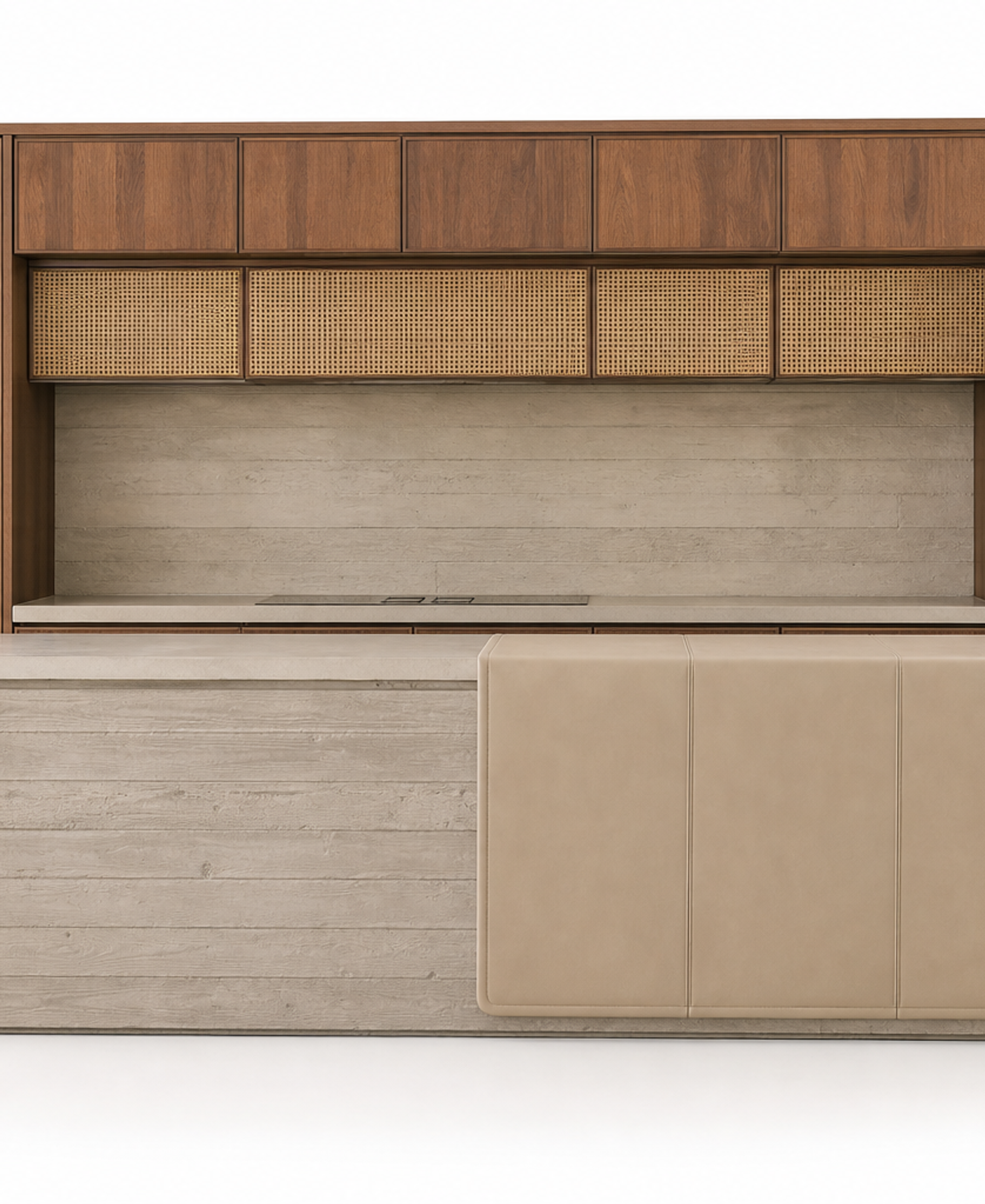 Fadior Forge Kitchen Suite with Parchment Leather Island Saddle — 304 stainless steel kitchen system, front view