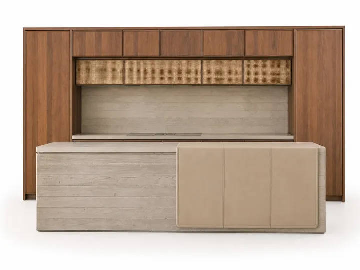 Fadior Forge Kitchen Suite with Parchment Leather Island Saddle — 304 stainless steel kitchen system, front view