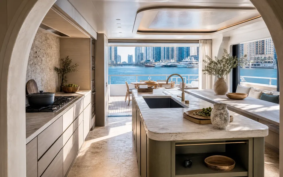 Cocina de Yate en Dubai Marina — proyecto Fadior con mobiliario en acero inoxidable 304