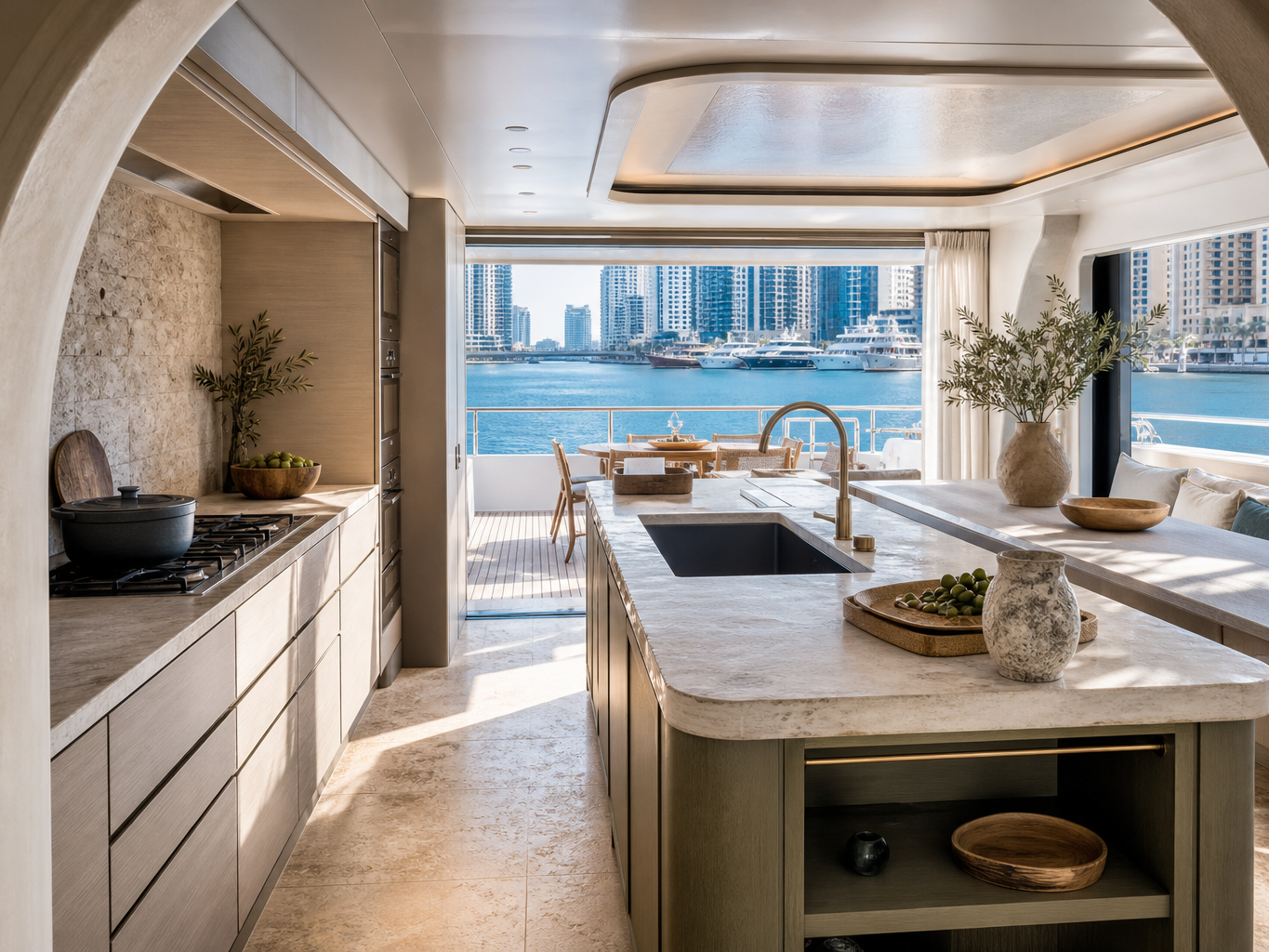 Fadior Dubai Marina Yacht Galley — Dubai yacht galley with arched doorway, stone counter, cabinet island, deck table,
