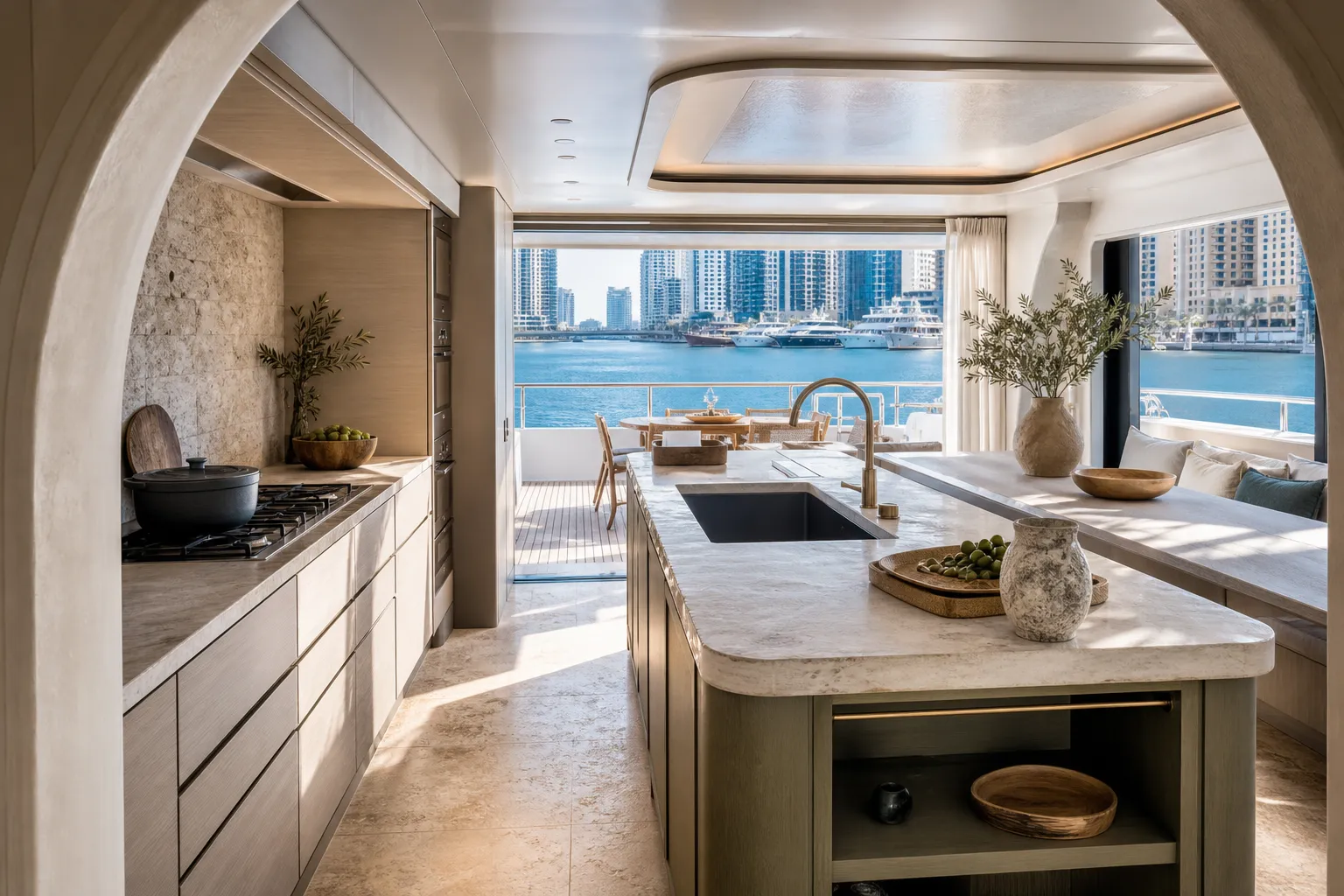 Cocina de yate Fadior Dubai Marina — cocina de yate en Dubái con entrada arqueada, encimera de piedra, isla con armarios, mesa de cubierta — acero inoxidable 304
