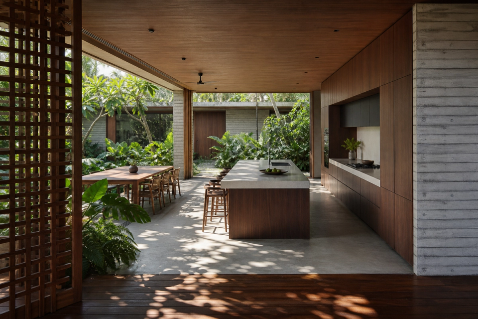 Fadior Singapore Garden Courtyard Villa — Singapore garden courtyard kitchen with timber island, concrete wall, wood lattice, tropical plants, dining table, sliding doors, hardwood ceiling, and cabinet wall