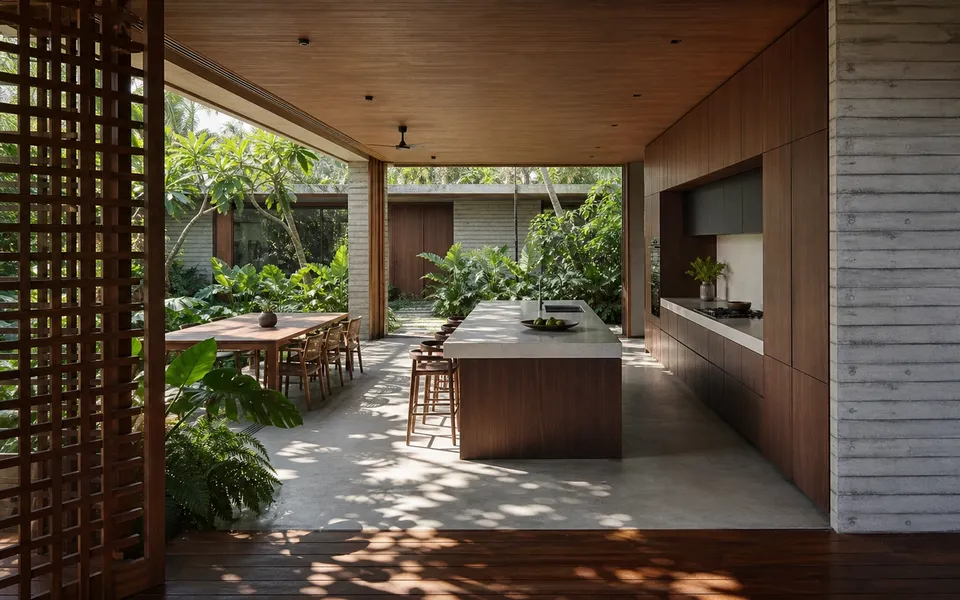 Fadior Singapore Garden Courtyard Villa — Singapore garden courtyard kitchen with timber island, concrete wall, wood lattice, — 304 stainless steel cabinetry installation by Fadior