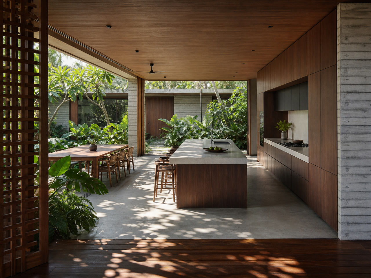 Fadior Singapore Garden Courtyard Villa — Singapore garden courtyard kitchen with timber island, concrete wall, wood lattice, tropical plants, dining table, sliding doors, hardwood ceiling, and cabinet wall — 304 stainless steel cabinetry installation by Fadior