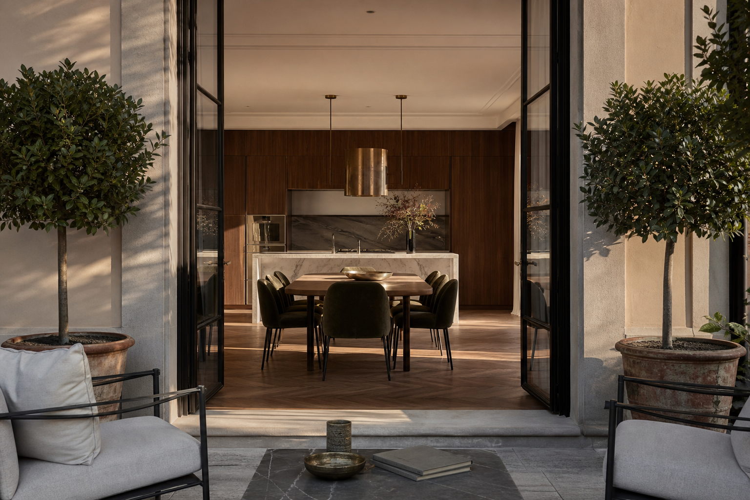 Fadior Milan 650 sqm Kitchen Villa — garden loggia, glass doors, marble island, walnut cabinet, dining table
