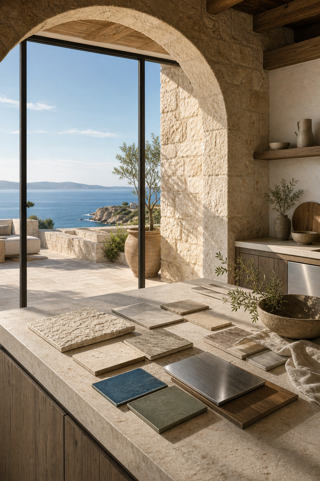 Material mood study: limestone, travertine, weathered teak, and satin cabinet surfaces under strong coastal light.