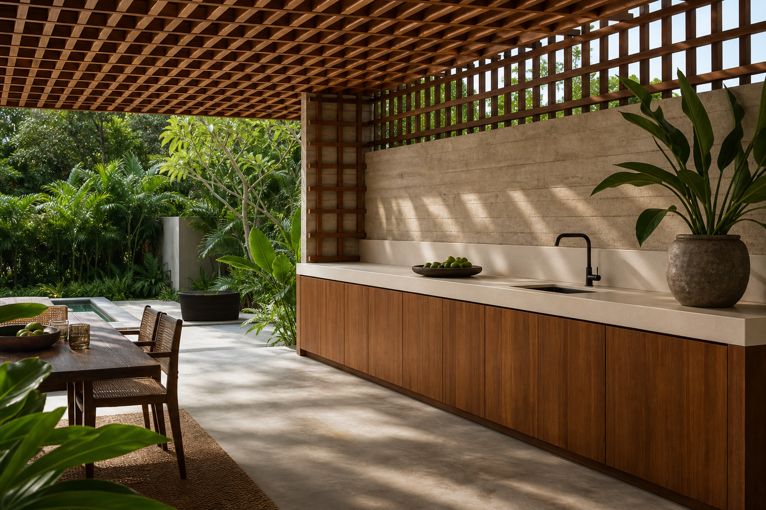 Fadior Horizon Outdoor Kitchen Suite with Staron Seamless Counter Cove — lifestyle setting with natural light and
