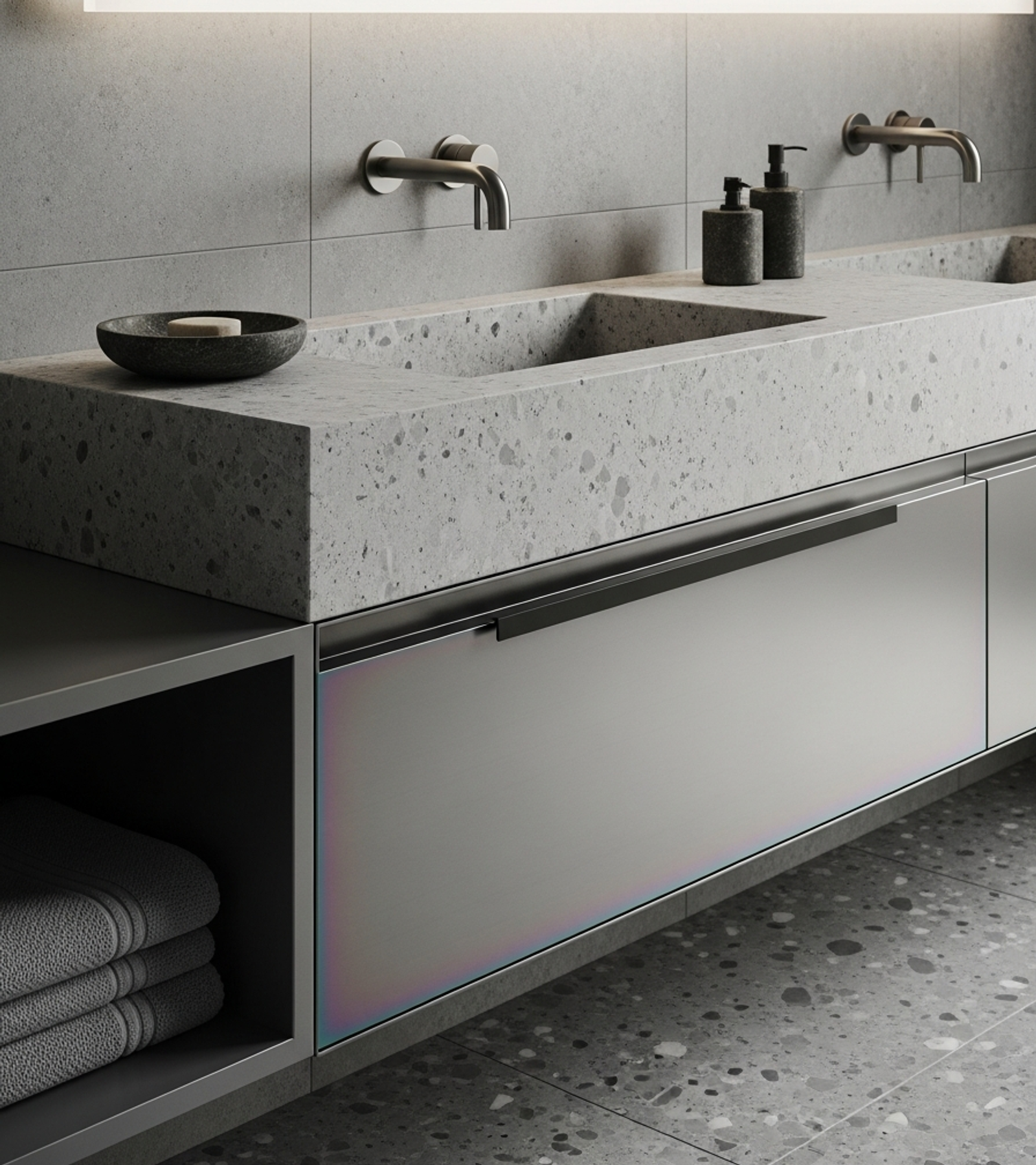 Fadior Acqua Bath and Vanity Suite 10 — close-up of stainless steel finish and hardware detail