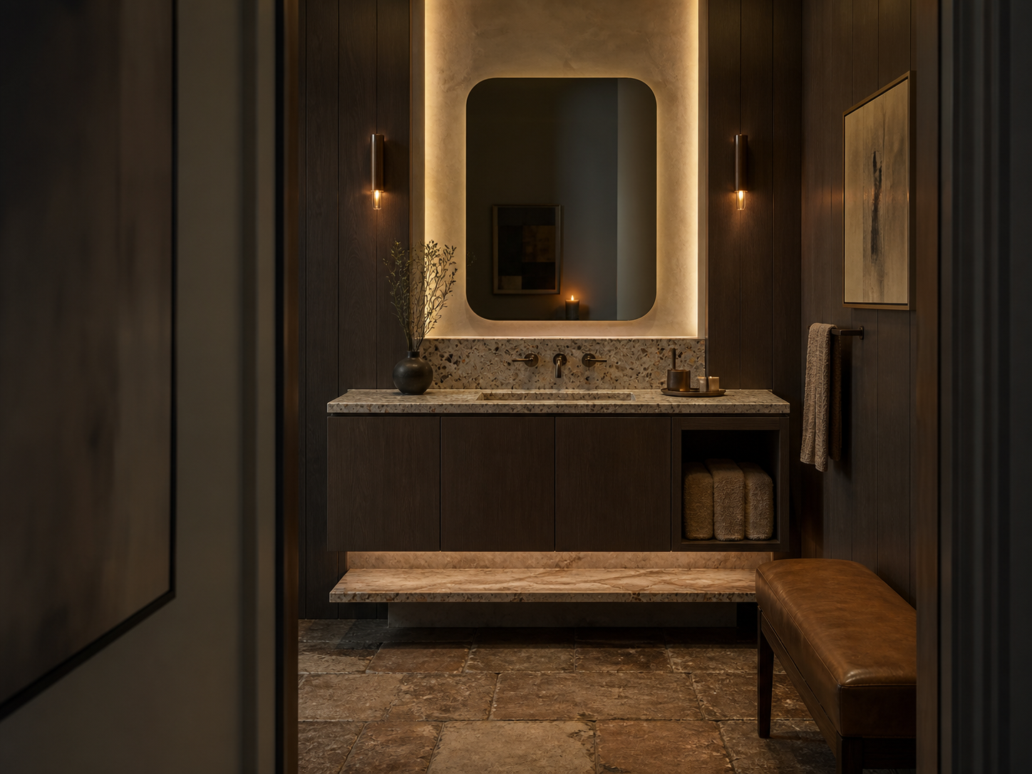 Fadior Solstice Bath and Vanity Suite with Moonstone Sill Towel Alcove — interior room context showing cabinet integration