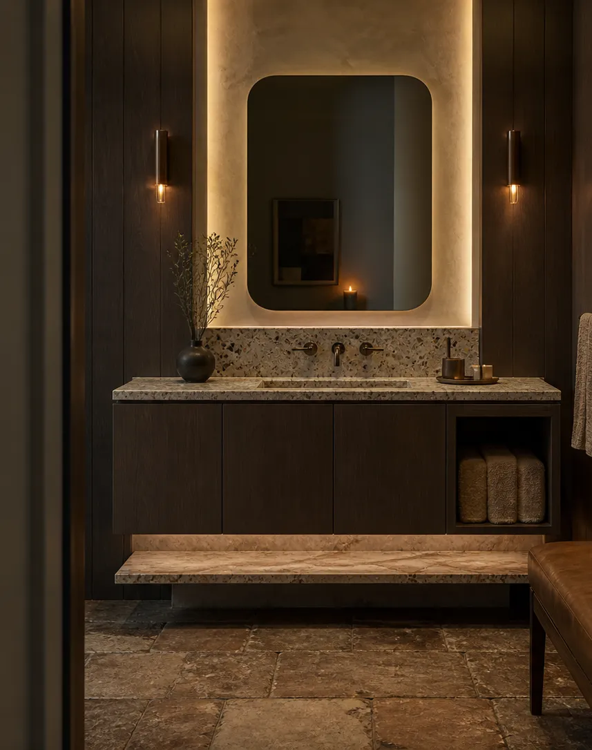 Suite de Baño y Tocador Solstice con Repisa de Piedra Lunar y Hueco para Toallas perspectiva interior