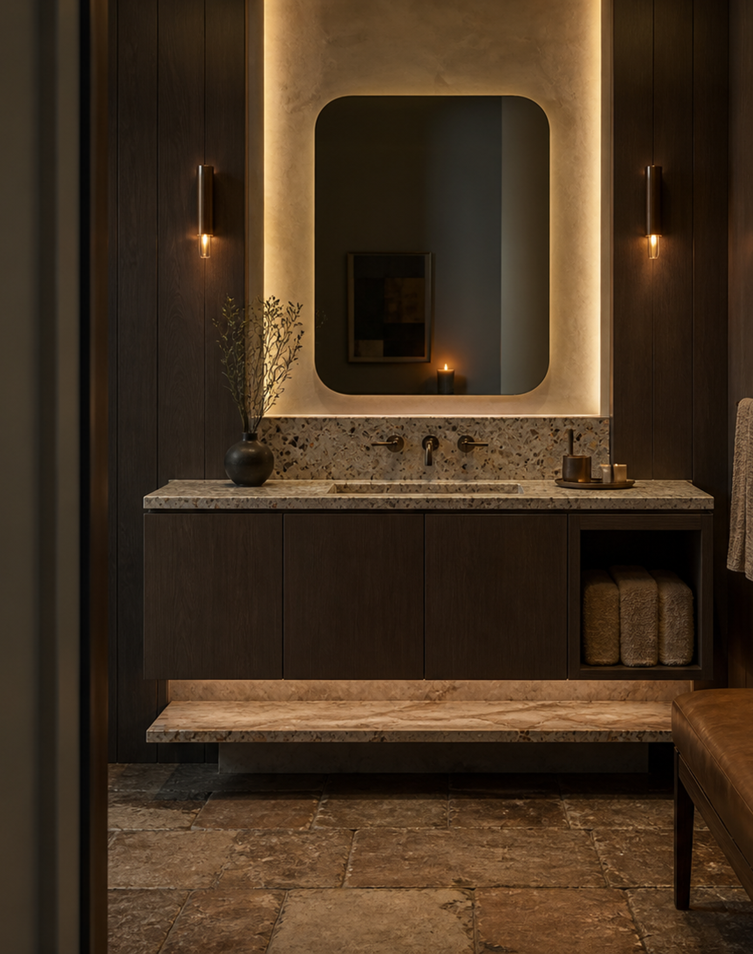 Fadior Solstice Bath and Vanity Suite with Moonstone Sill Towel Alcove — interior room context showing cabinet integration
