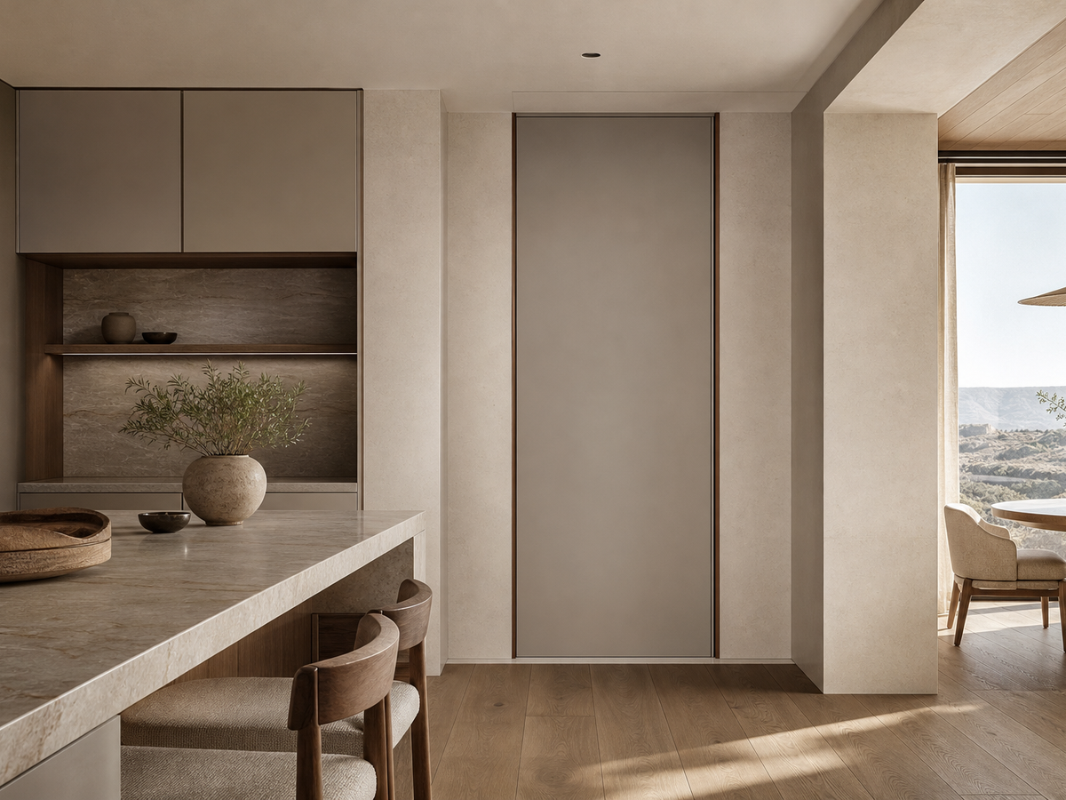 Fadior Alabaster Interior Door Suite with Chamfered Jamb Gallery Door — 304 stainless steel interior door system, front view