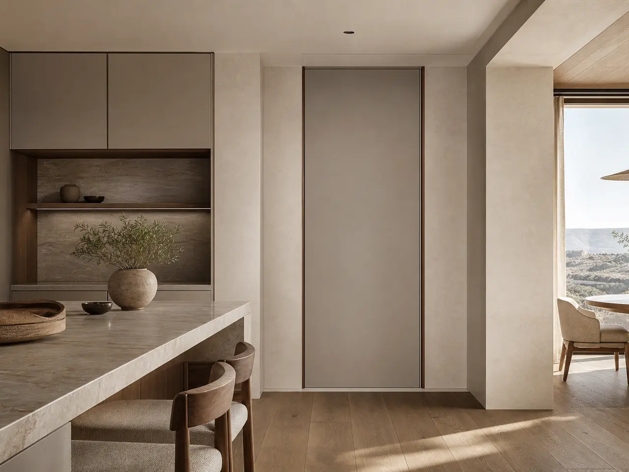 Fadior Alabaster Interior Door Suite with Chamfered Jamb Gallery Door - full-height stainless steel interior door with concealed frame, quiet hardware, and matching wall panel continuity