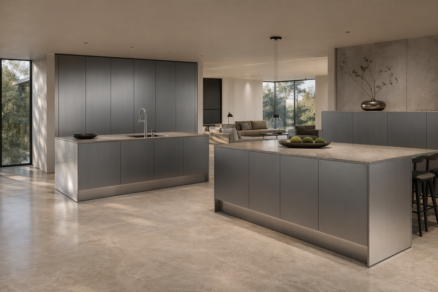 Fadior Abyss Kitchen Suite with L-Shape Dual Island — interior room context showing cabinet integration