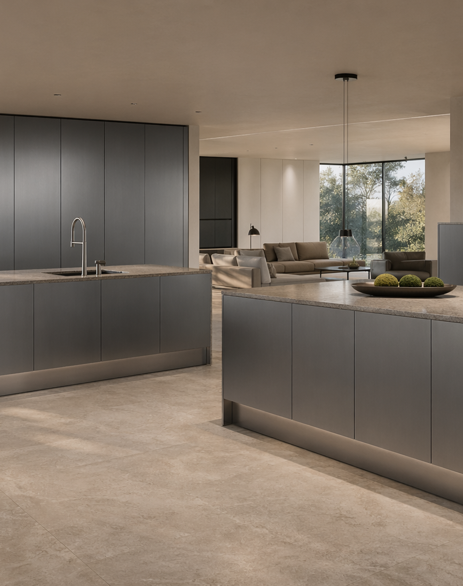 Fadior Abyss Kitchen Suite with L-Shape Dual Island — interior room context showing cabinet integration