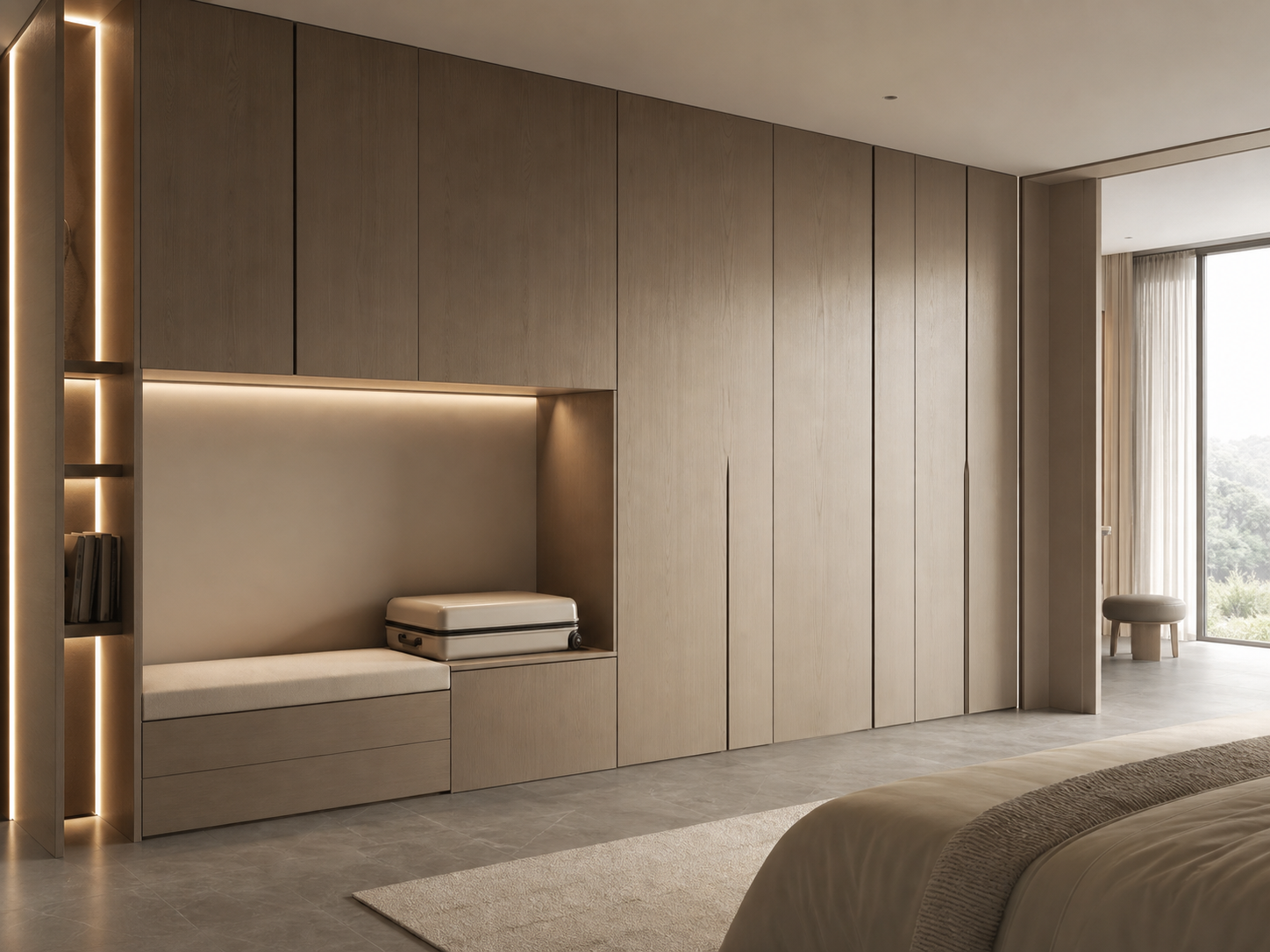 Fadior Voyage Wardrobe Suite with Harbor Bench Armoire — interior room context showing cabinet integration