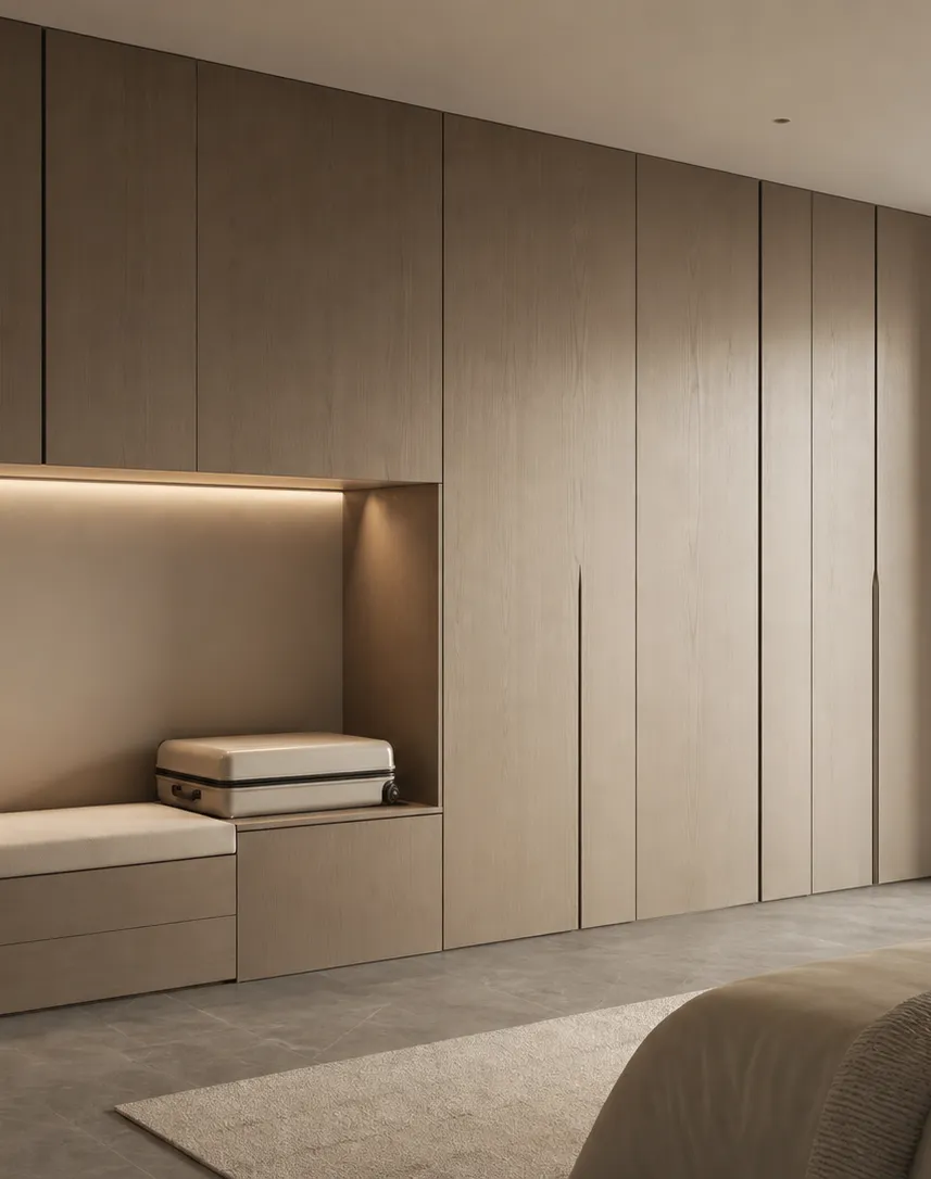 Fadior Voyage Wardrobe Suite with Harbor Bench Armoire — interior room context showing cabinet integration