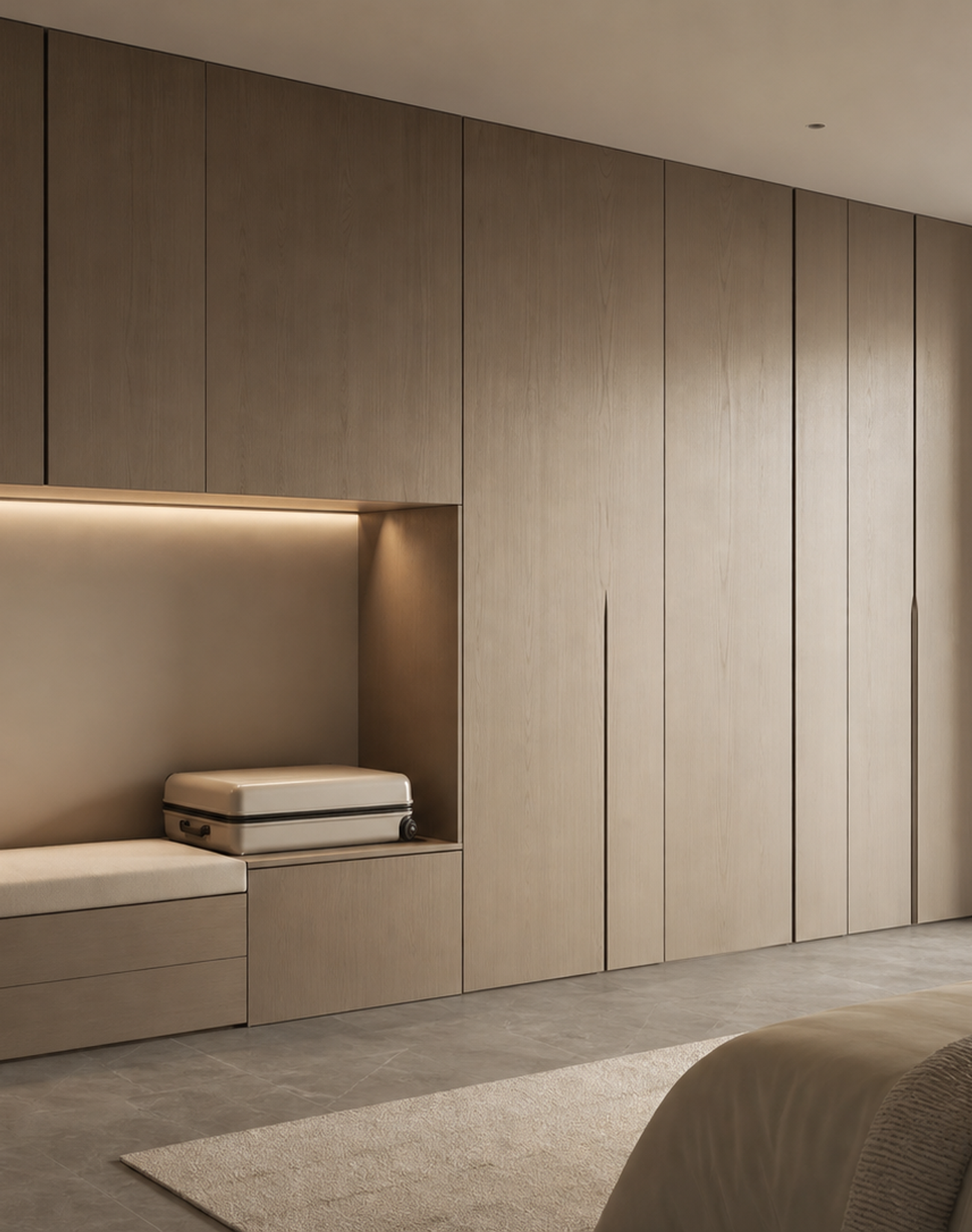 Fadior Voyage Wardrobe Suite with Harbor Bench Armoire — interior room context showing cabinet integration