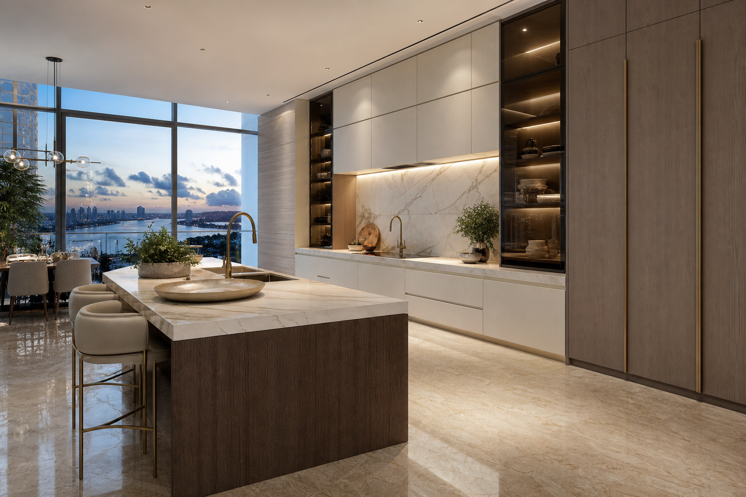 Fadior Miami 120 sqm Kitchen Apartment — Miami kitchen workspace with island, cabinet wall, marble counter, travertine floor, smoked walnut panel, and skyline window