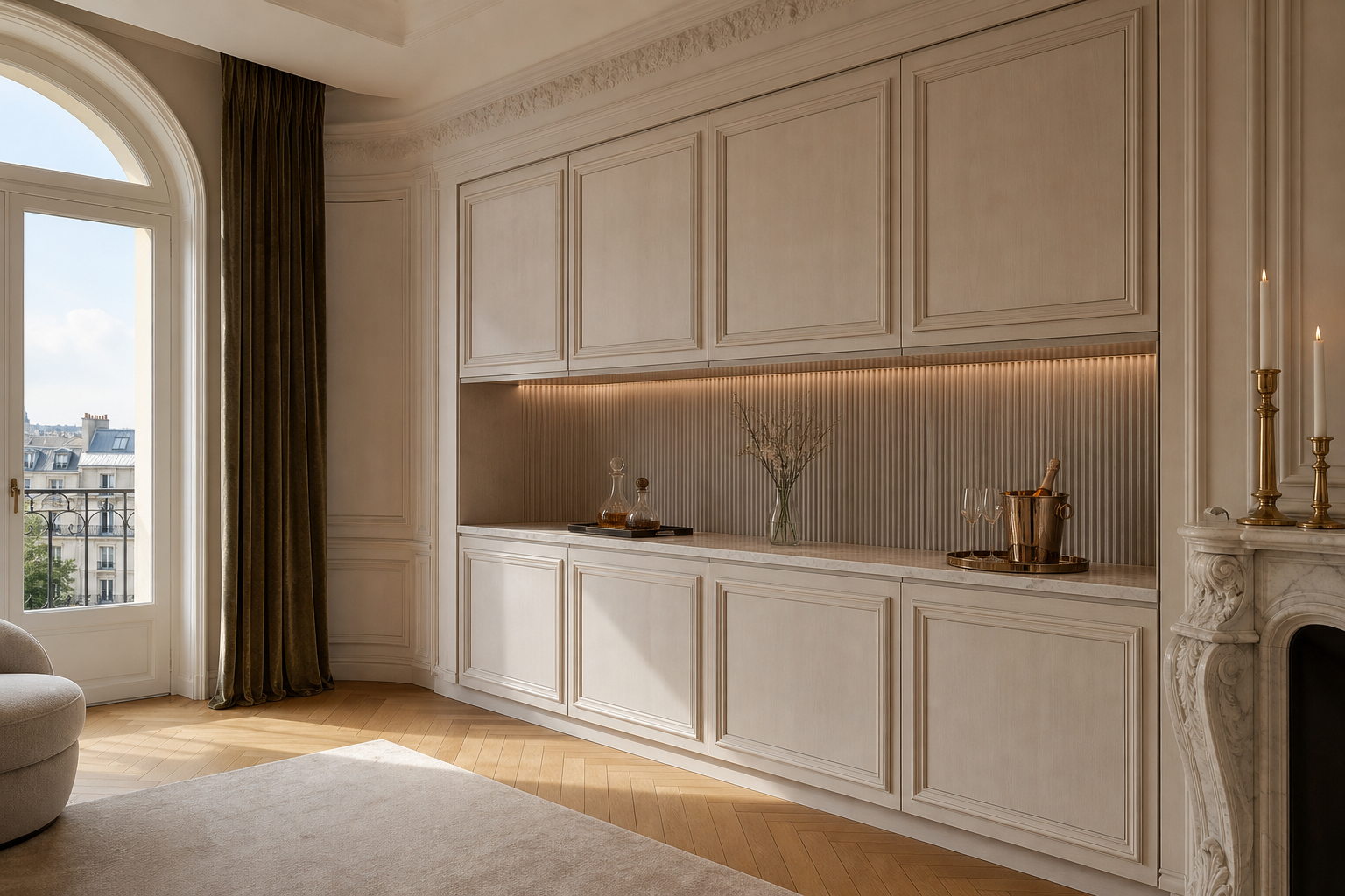 Fadior Gloria Wine Cabinet Suite with Limewash Cellar Tasting Pier — lifestyle setting with natural light and residential