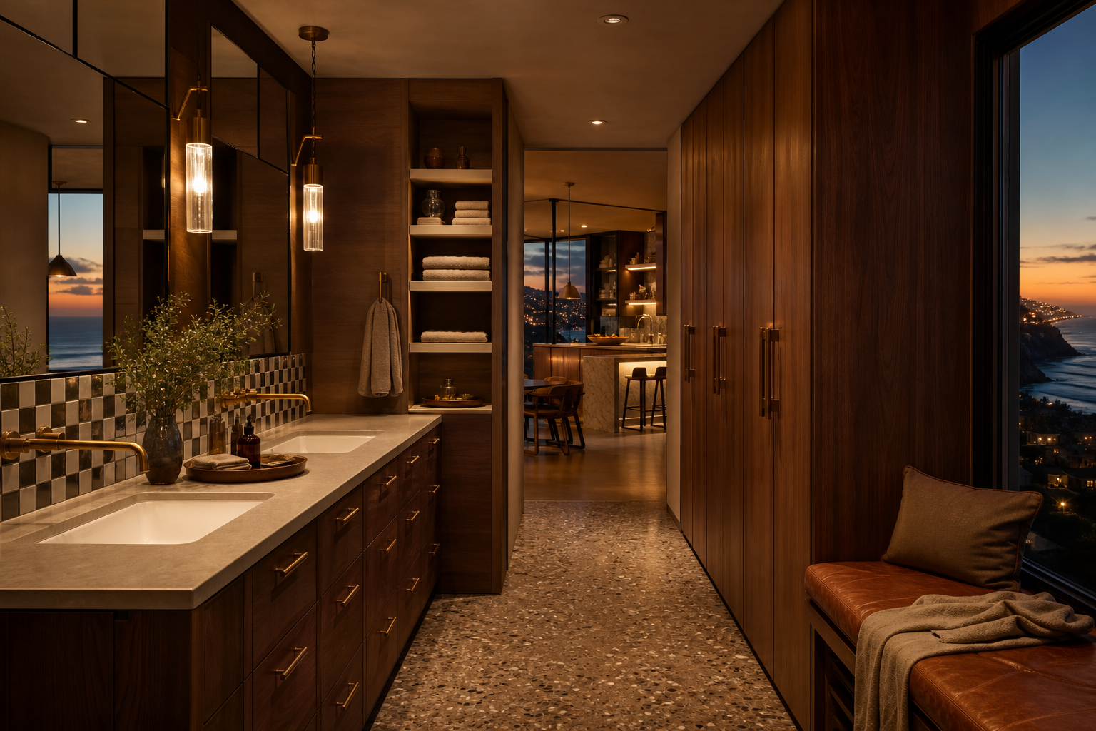 Fadior Malibu 480 sqm Kitchen Bath Villa — Malibu villa vanity corridor with marble counter, walnut storage, towel shelf,