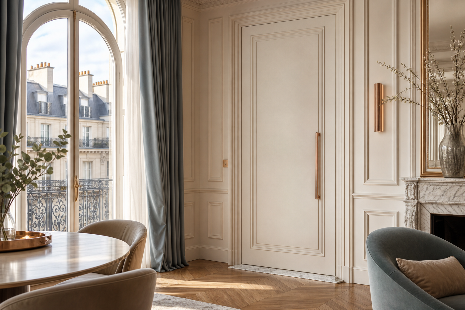 Fadior Silhouette Interior Door Suite with Carrara Panel Passage Slab — lifestyle setting with natural light and residential