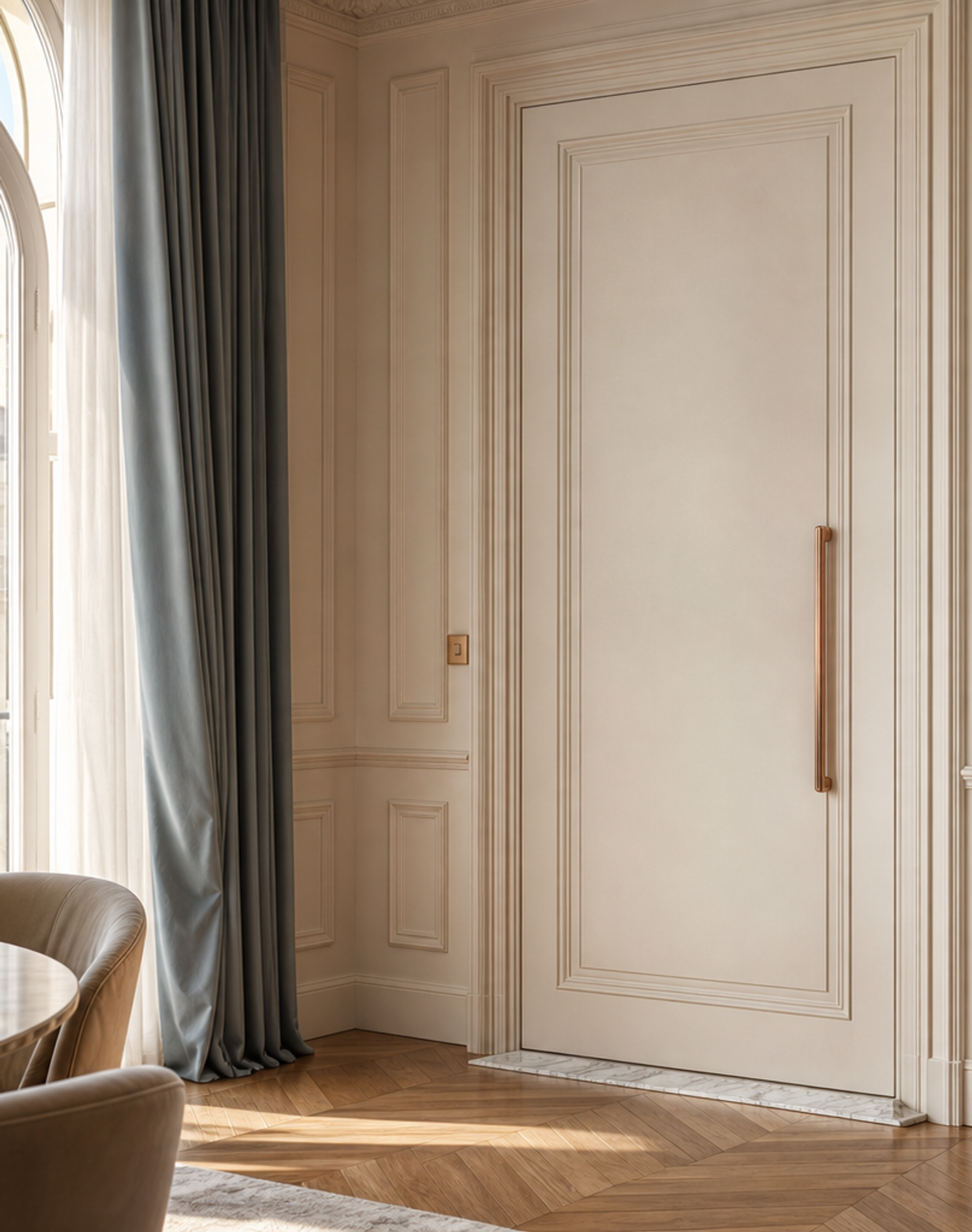 Fadior Silhouette Interior Door Suite with Carrara Panel Passage Slab — lifestyle setting with natural light and residential