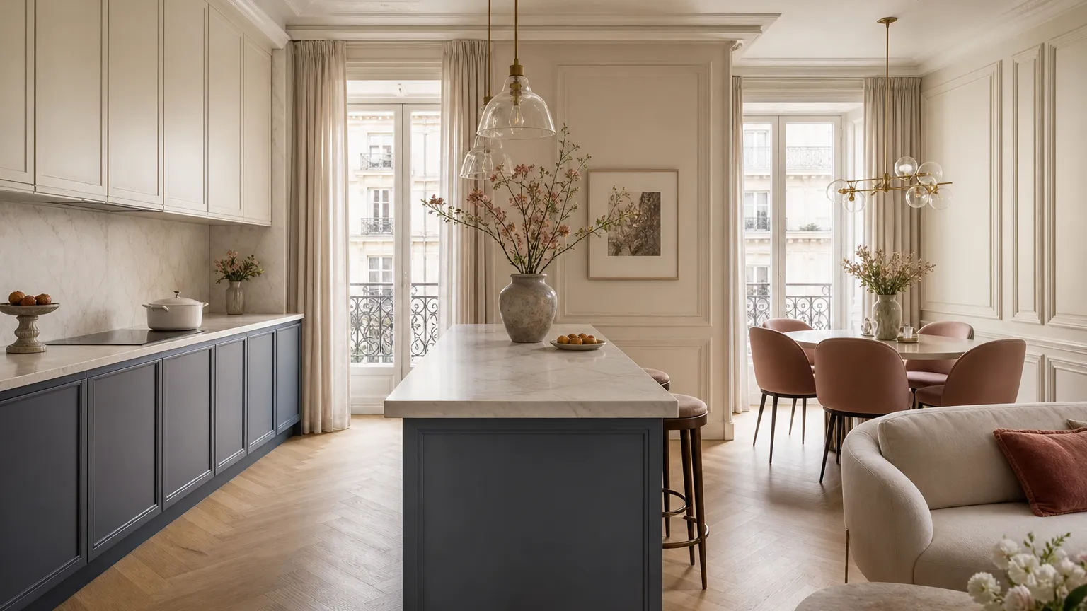 Paris apartment kitchen with light upper cabinets and deeper lower cabinets in a two-tone layout.