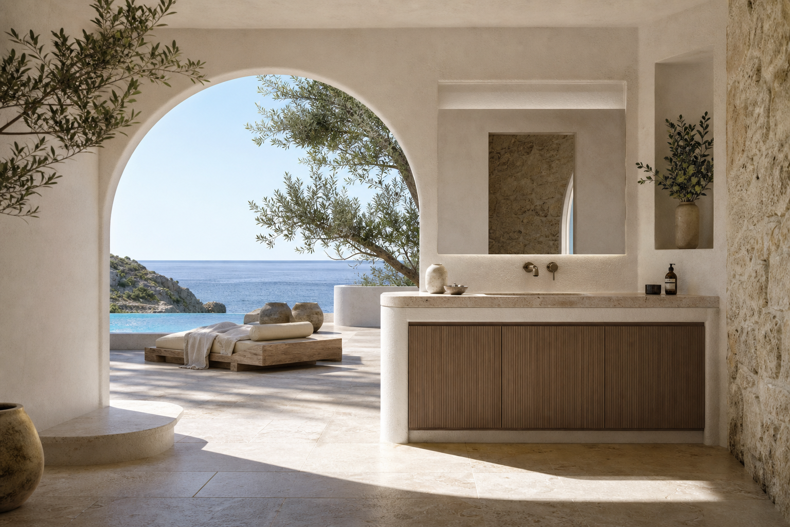 Fadior Voyage Bath Vanity Suite with Tambour Walnut Wash Arcade — lifestyle setting with natural light and residential
