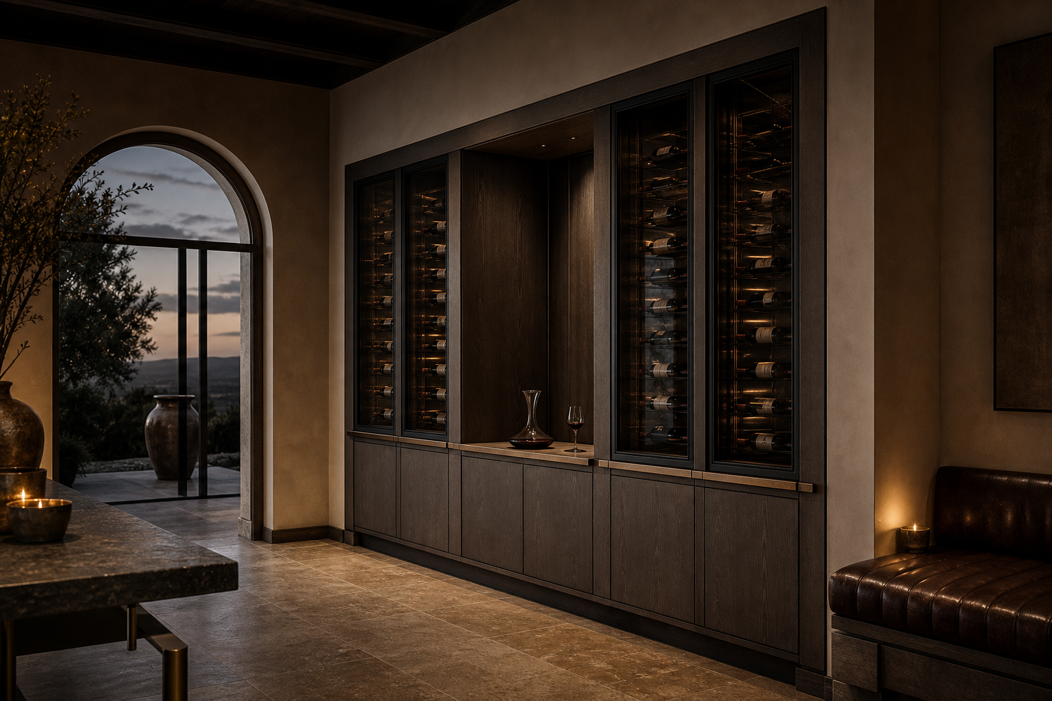 Fadior Cru Wine Cabinet Suite with Climate Glass Decanting Wall — interior room context showing cabinet integration