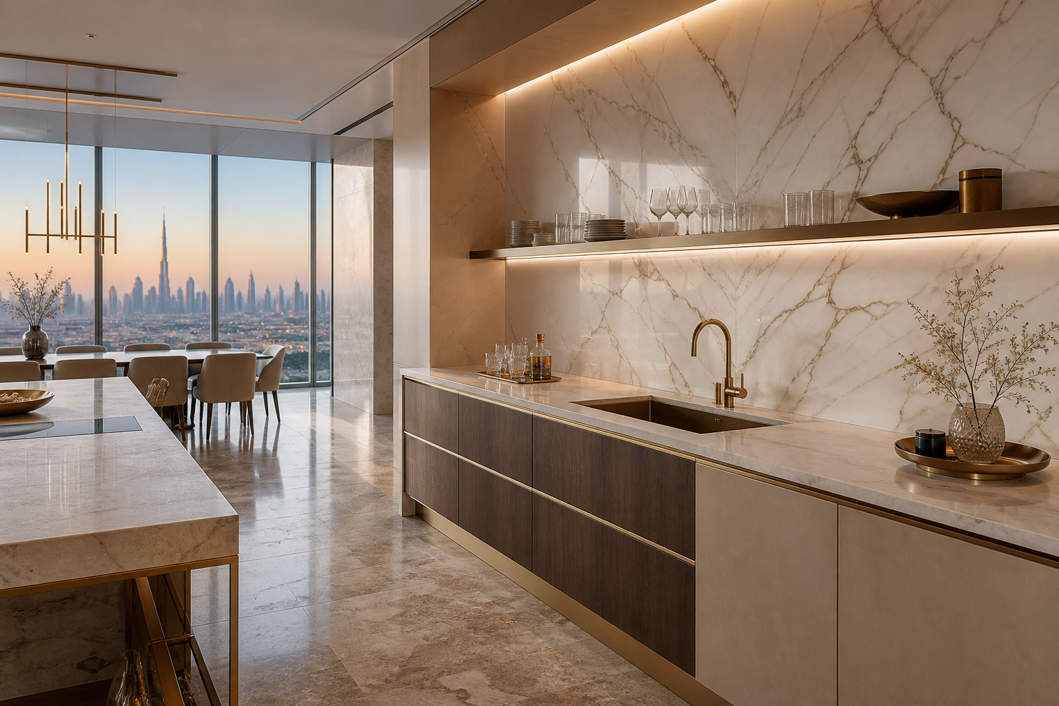 Fadior Dubai 280 sqm Kitchen Penthouse — Dubai kitchen workstation with sink counter, marble backsplash,