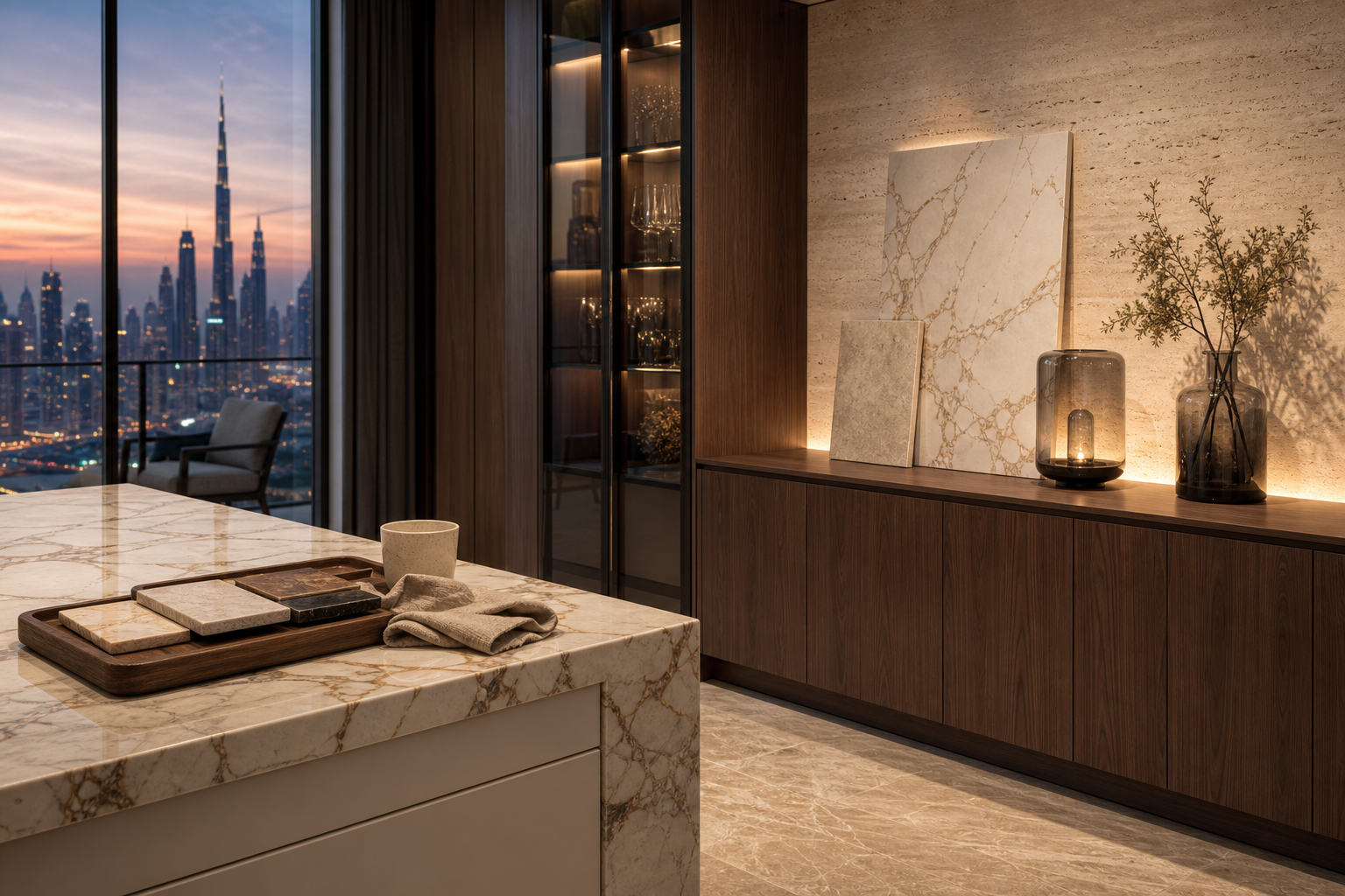 Fadior Dubai 180 sqm Kitchen Bath Penthouse — Dubai finish study with marble island, walnut sideboard, limestone wall,