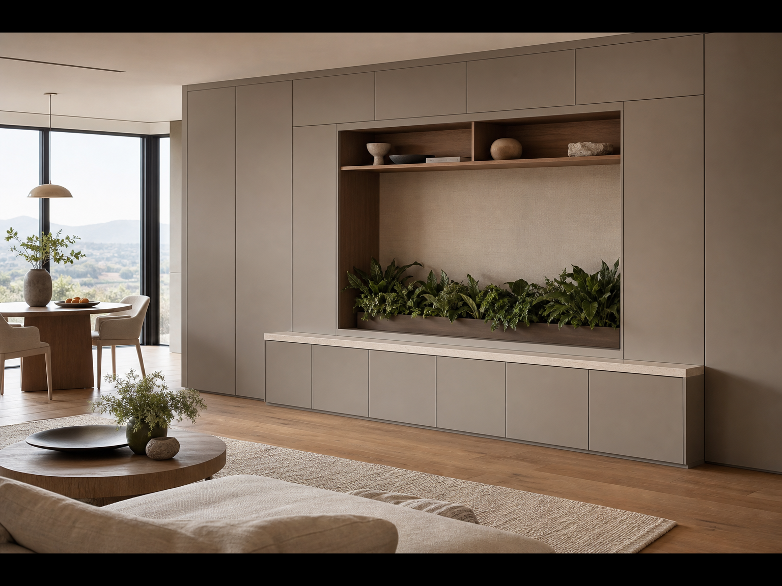 Suite Zenith para salón con nicho de medios y jardinera de patio perspectiva interior