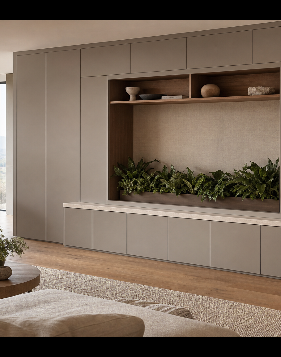 Suite Zenith para salón con nicho de medios y jardinera de patio perspectiva interior
