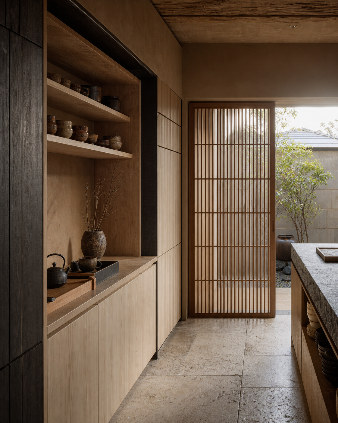 Fadior Osaka 650 sqm Kitchen Villa - pantry cabinet, shelf alcove, counter, lattice door